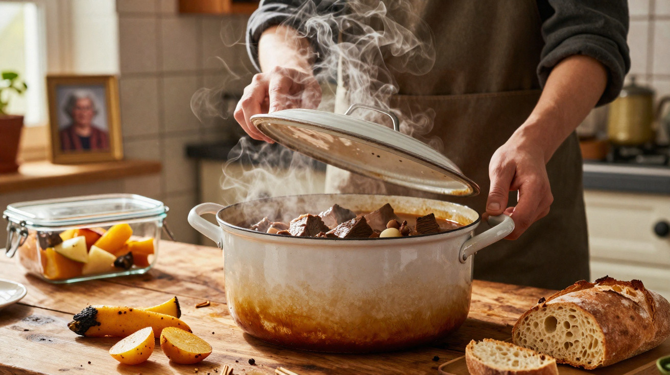 Pessoa a levantar tampa de panela com carne estufada, ao lado de pão e frutas sobre mesa de madeira.