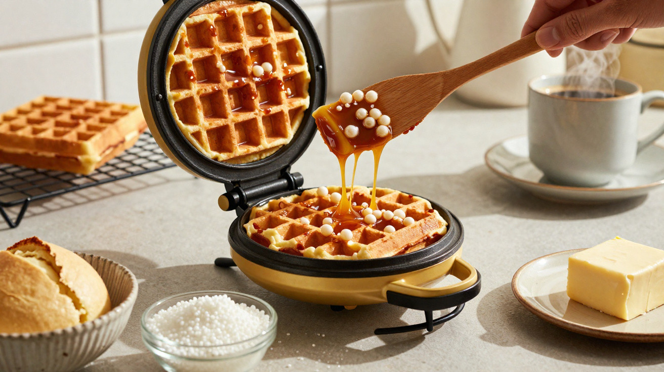Máquina de waffles dourados com calda a ser derramada, pão, açúcar perolado, manteiga e chá numa mesa.
