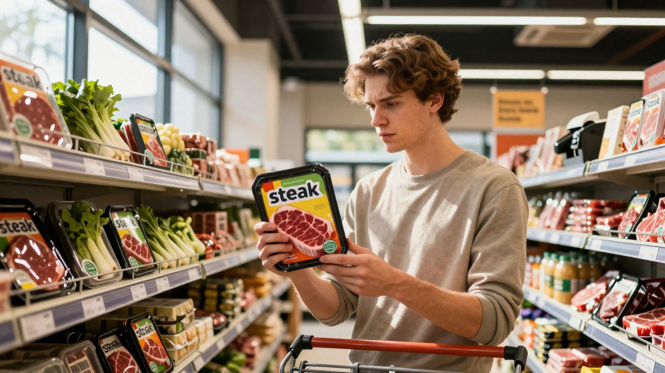 Homem jovem a analisar embalagem de bife numa prateleira de supermercado com carrinho de compras.