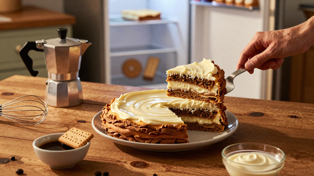 Fatia de bolo com creme branco sendo retirada de prato, com café, biscoito e utensílios numa mesa de madeira.