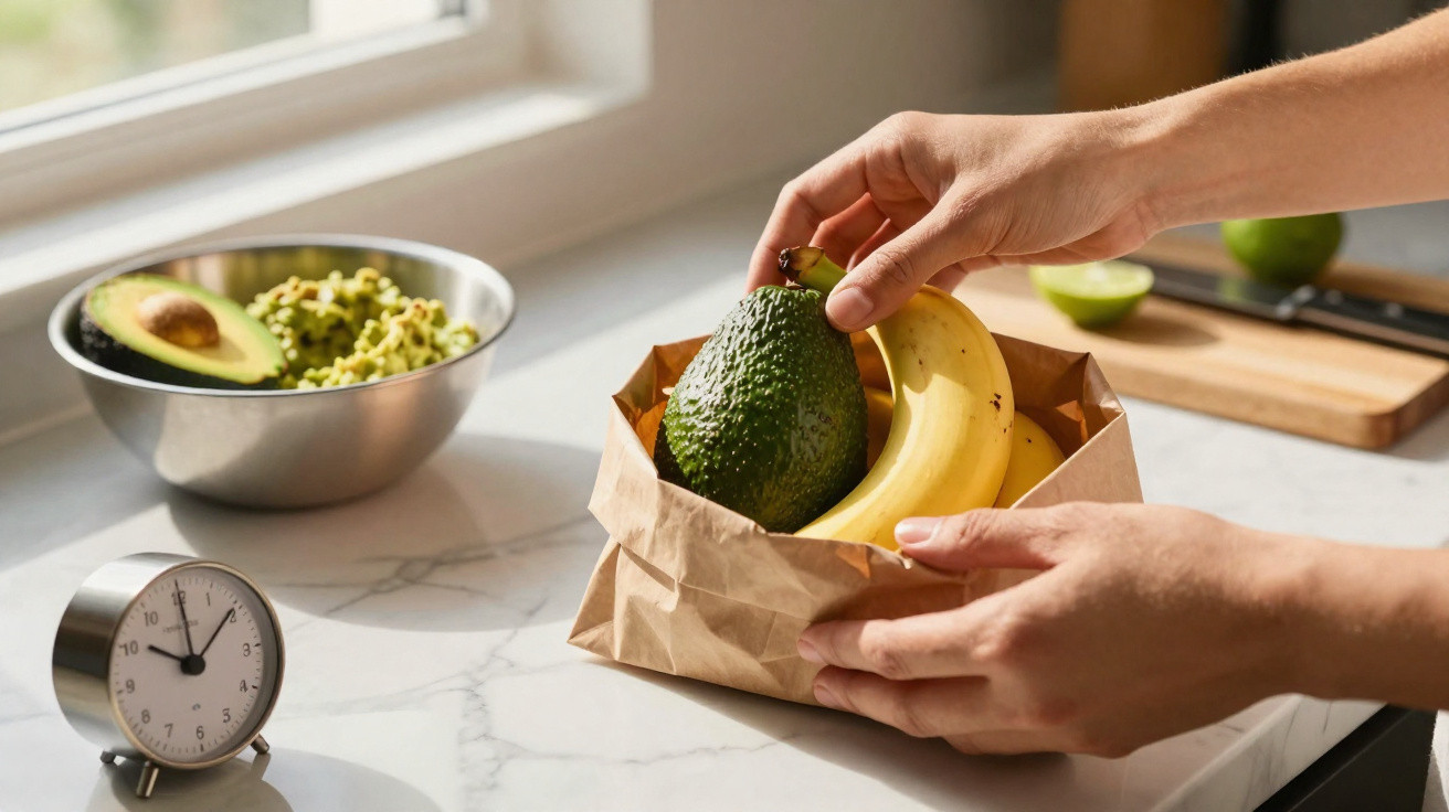 Mãos a colocar abacate e banana numa caixa de papel numa cozinha com relógio e tigela de guacamole ao fundo.