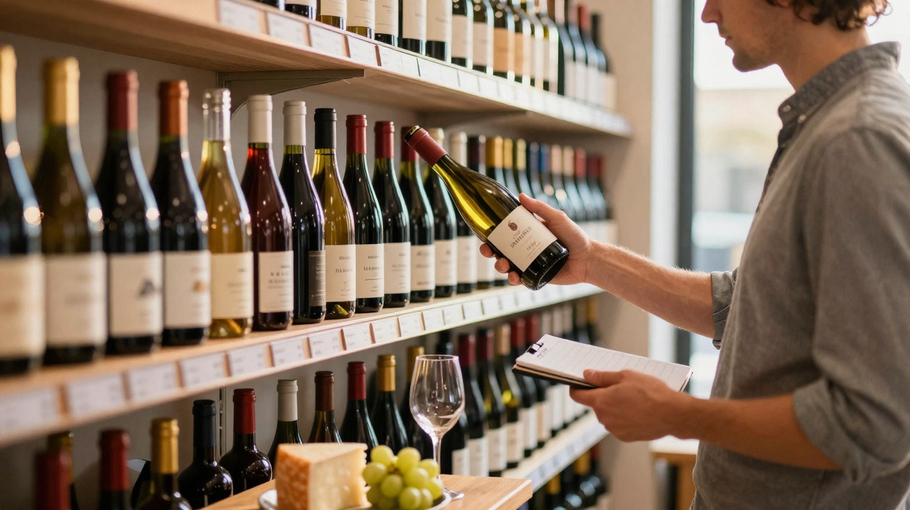 Homem a escolher uma garrafa de vinho numa prateleira cheia de vinhos numa loja especializada.