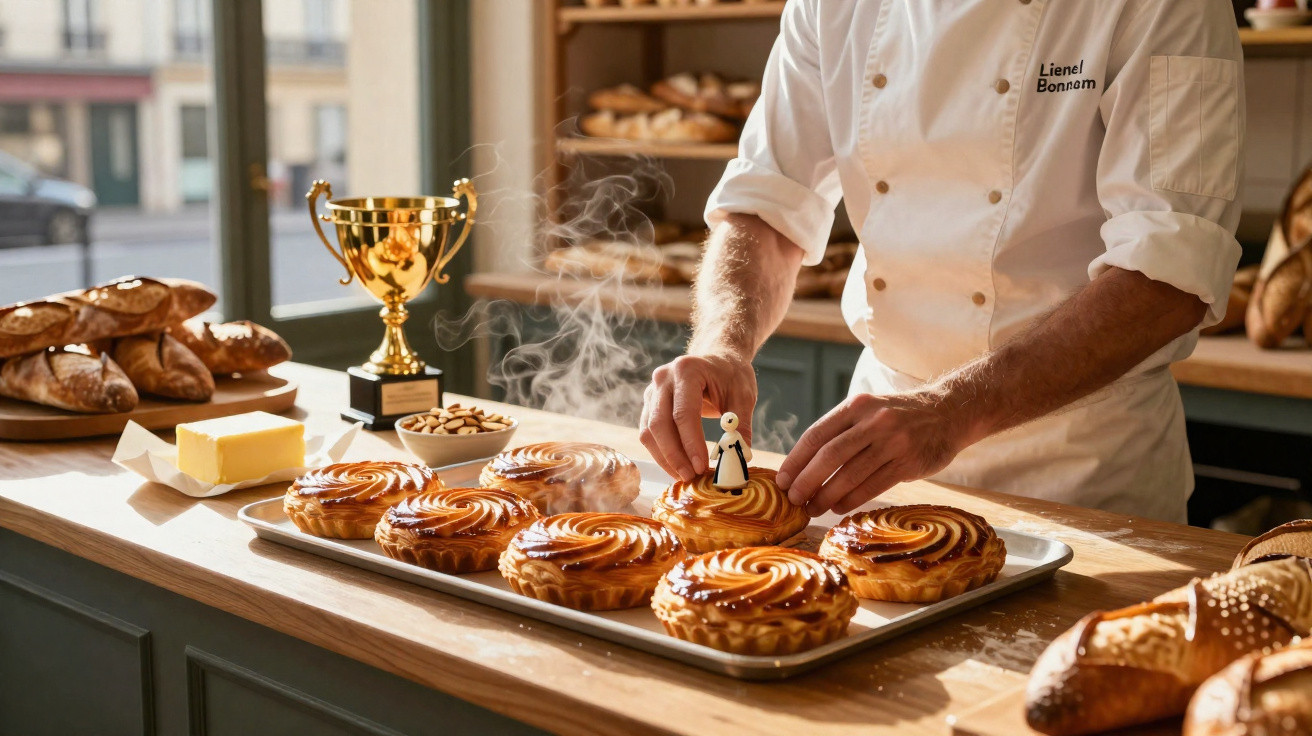Chef a decorar tortas acabadas de sair do forno numa padaria com troféu ao fundo.