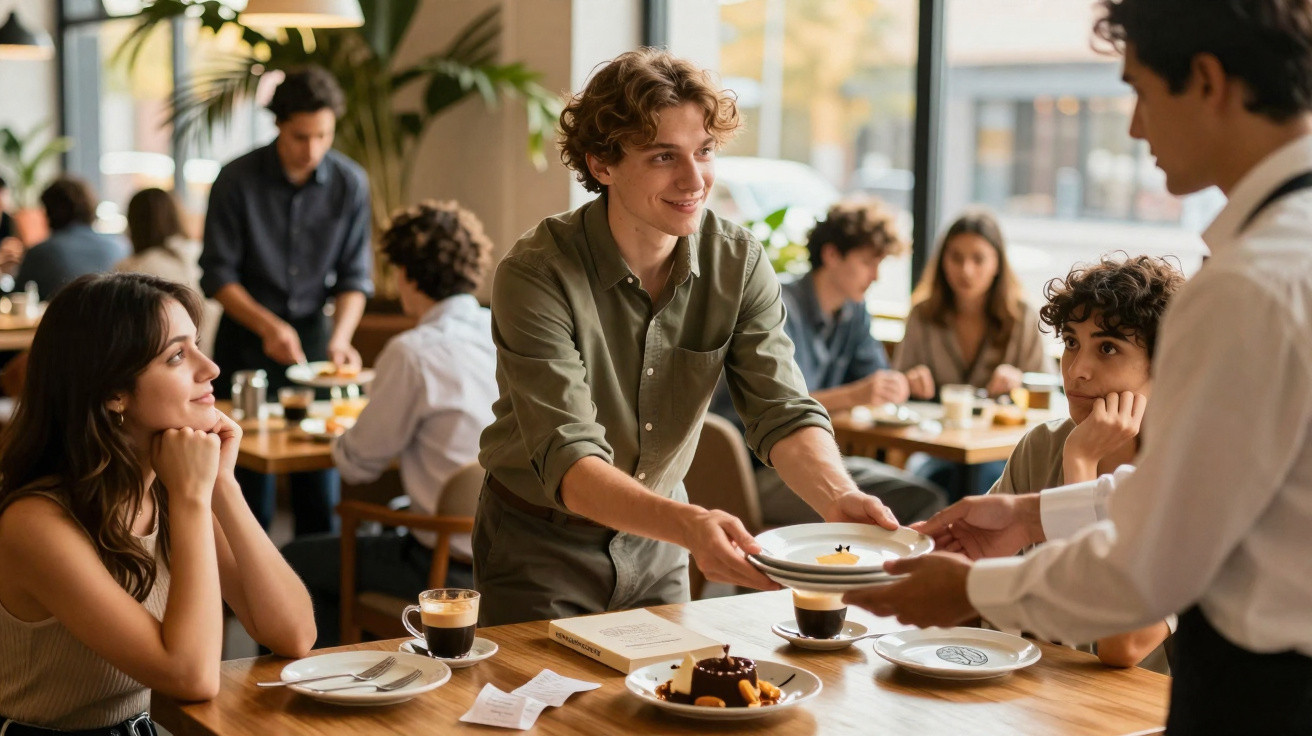 Jovem a receber prato de garçom enquanto outras pessoas esperam sentadas numa mesa de café.