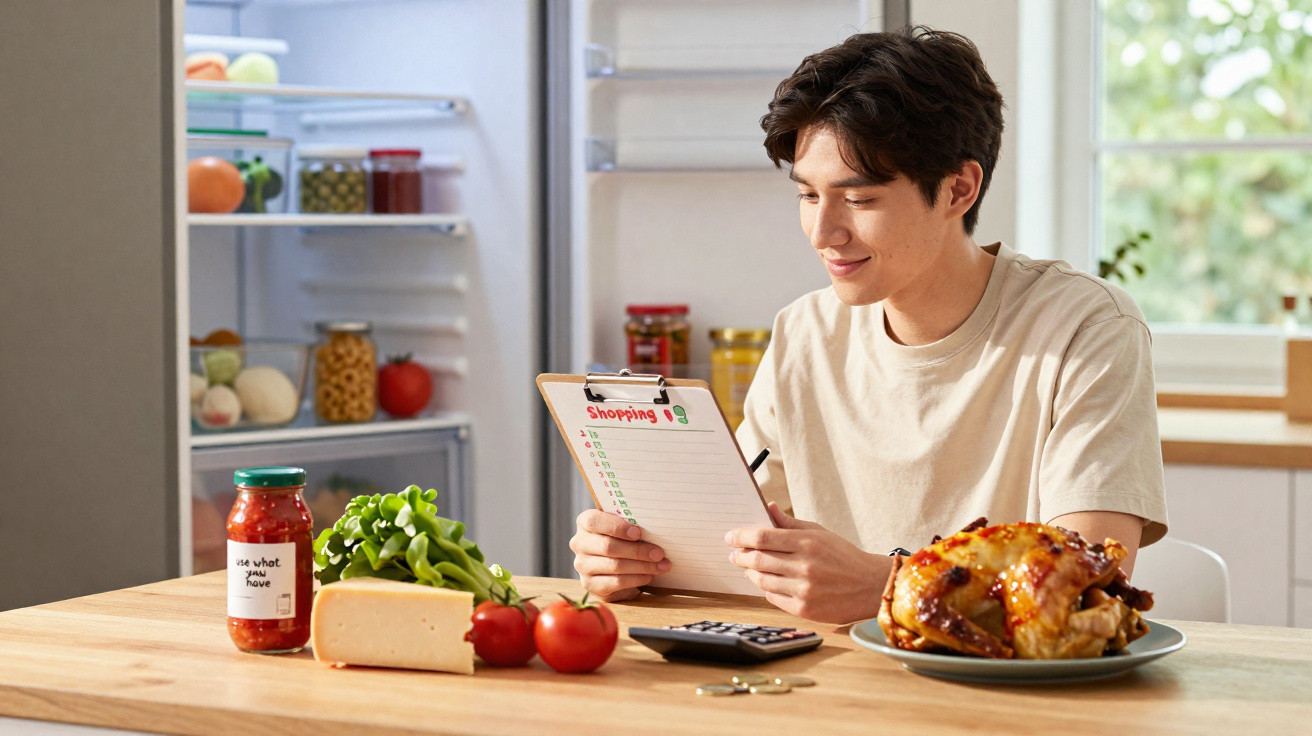 Homem sentado à mesa com lista de compras, legumes, queijo, frango assado e frigorífico aberto ao fundo.