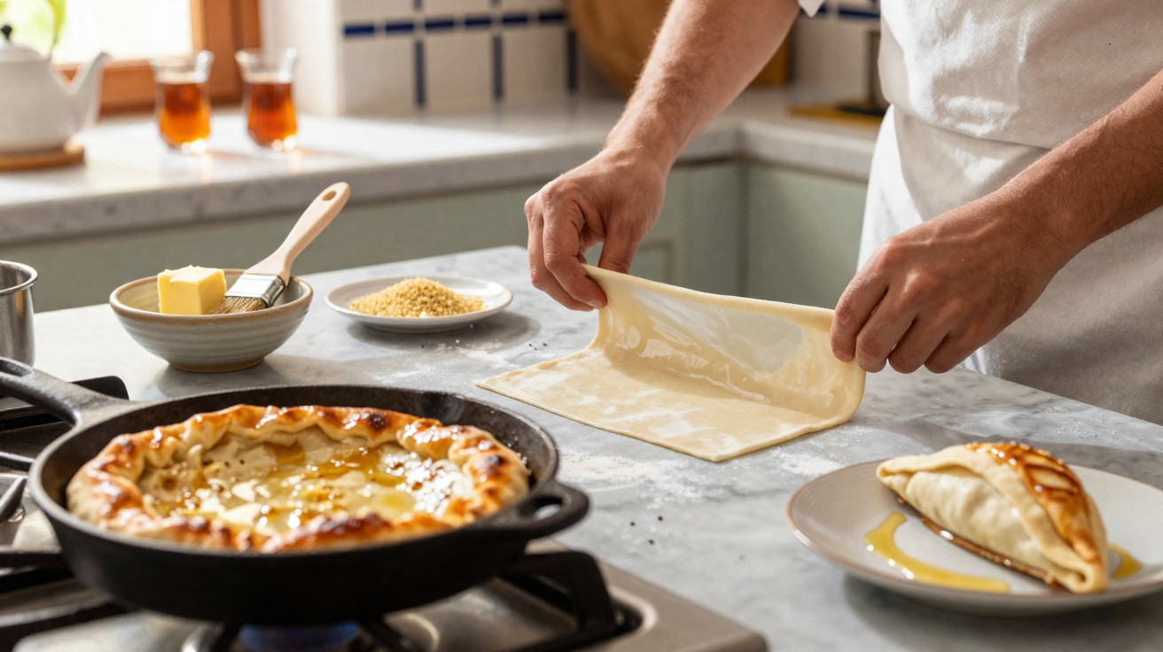 Pessoa a preparar pastelaria com massa folhada numa cozinha, com tarte na frigideira e pastel pronto num prato.