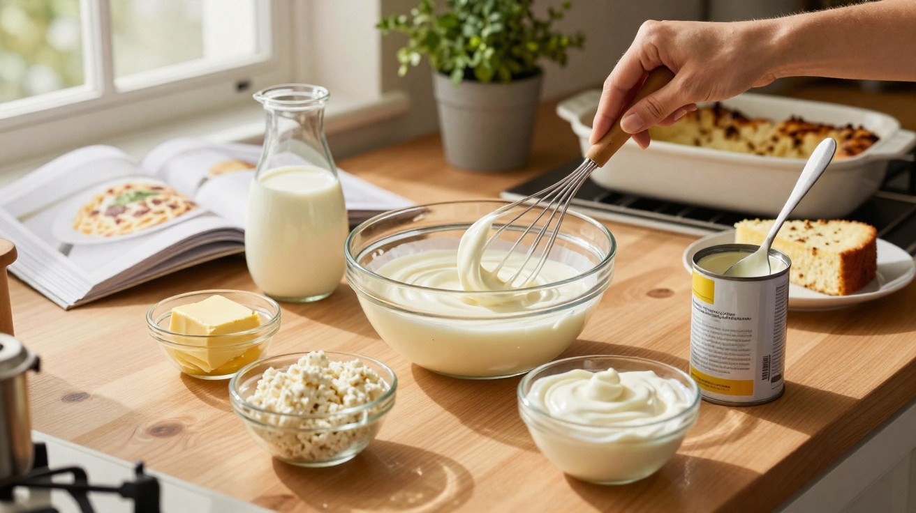 Mão a bater creme numa taça, com manteiga, queijo, leite, receita aberta e bolo numa cozinha iluminada.