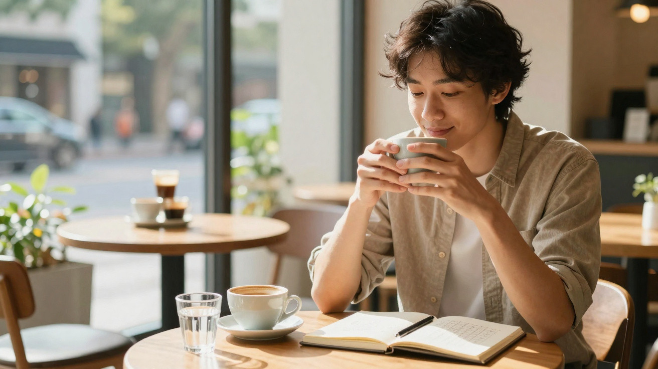 Pessoa jovem a beber café e a ler um caderno num café com luz natural durante o dia.