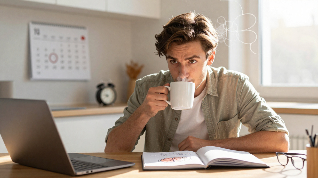Homem sentado numa mesa a beber café, com portátil aberto, livro e óculos, num espaço iluminado e calmo.