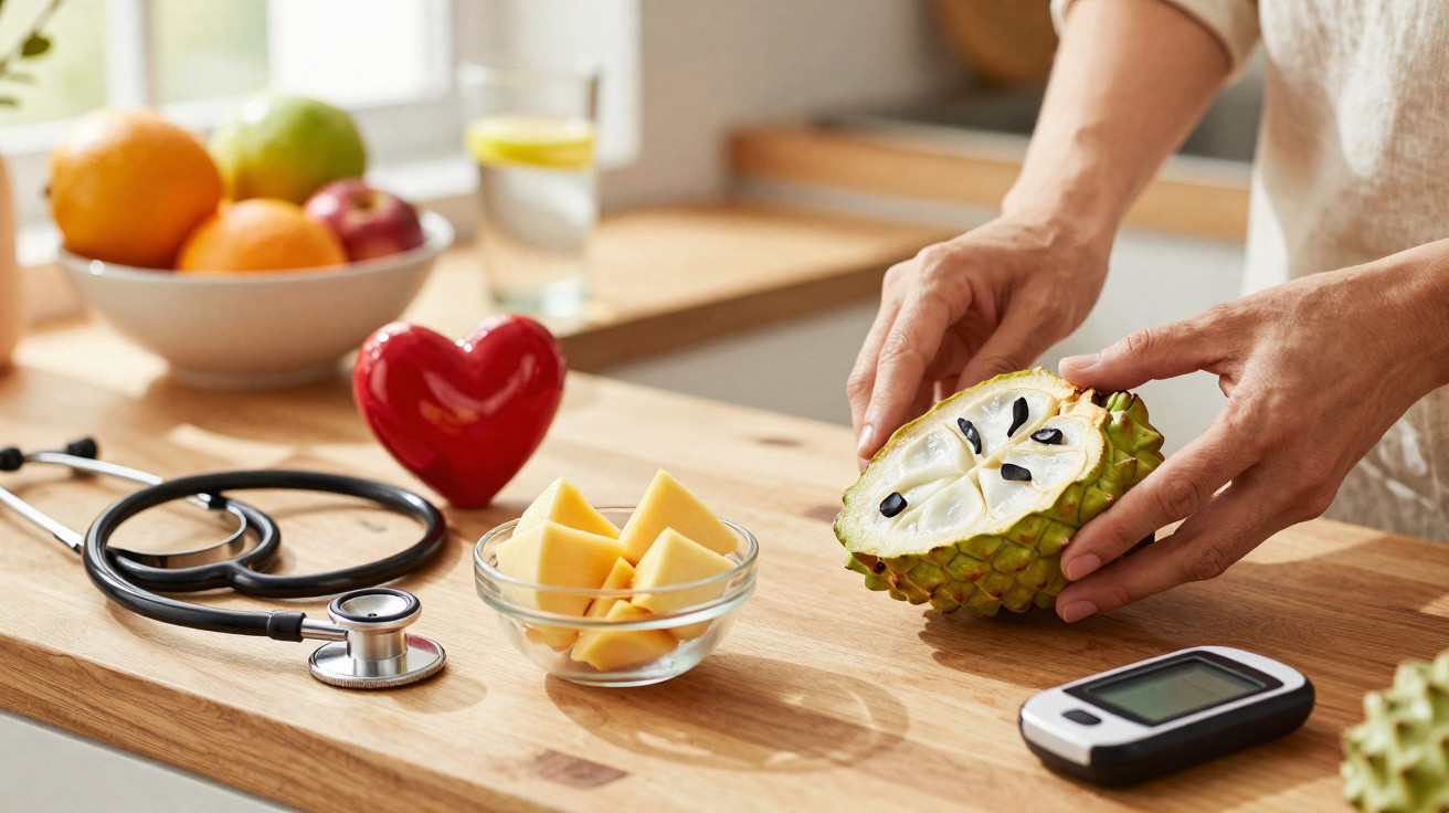 Fruteira, estetoscópio, coração decorativo, fruta exótica cortada e monitor de glicose numa bancada de cozinha.