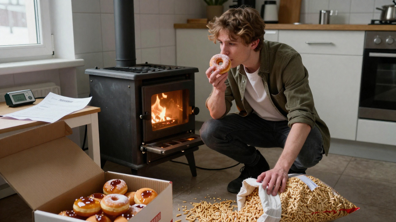 Jovem a comer um donut junto a uma lareira na cozinha, com sacos e caixa de donuts no chão.