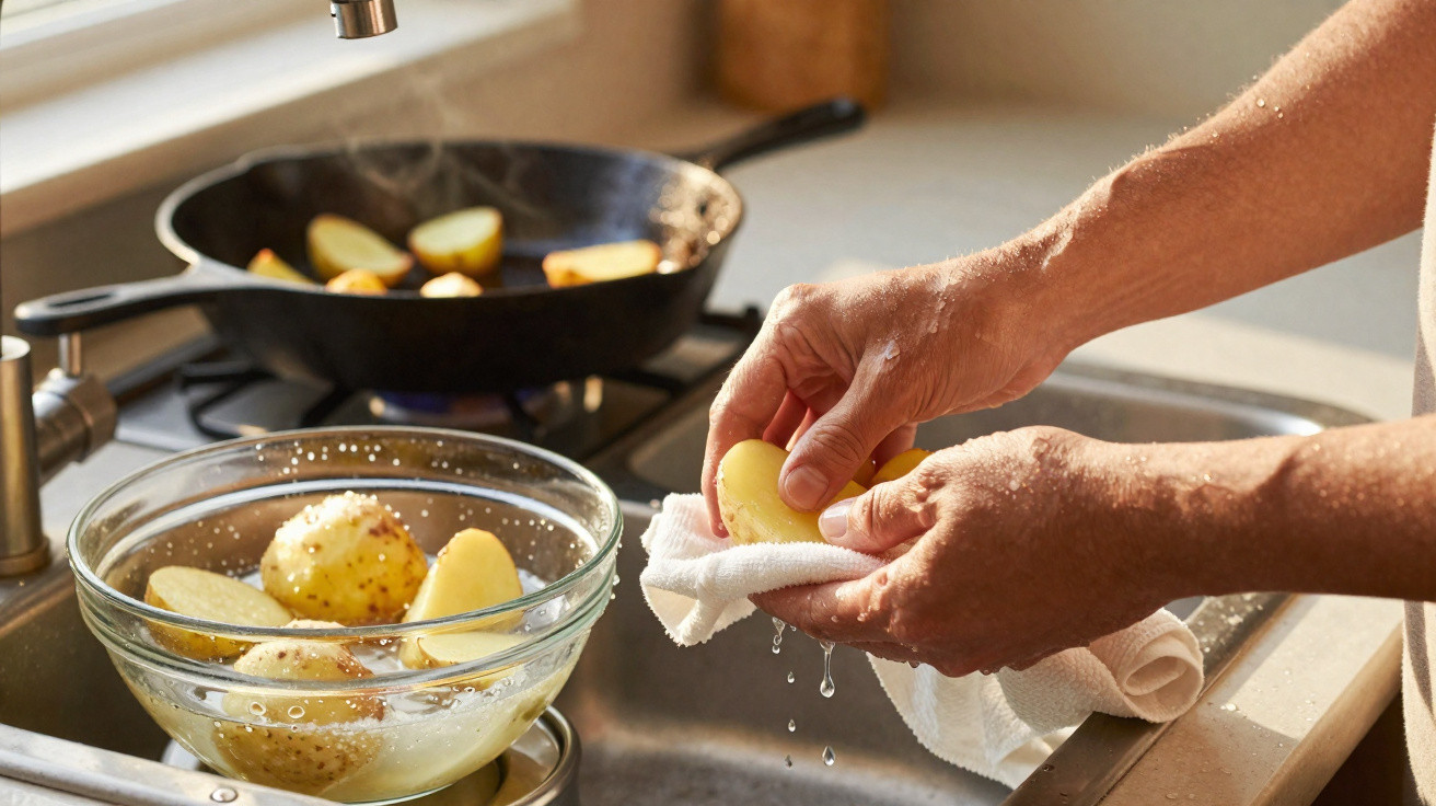 Mãos a secar batatas cozidas com um pano na cozinha, com batatas a fritar no fogão ao fundo.