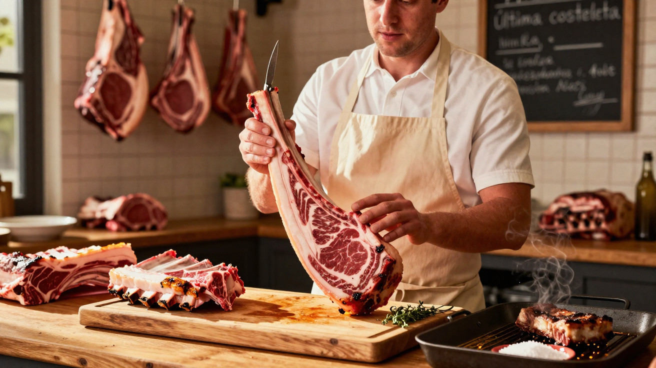 Talhante a segurar uma costeleta de carne crua numa peça de madeira, com outras carnes penduradas e a grelhar.