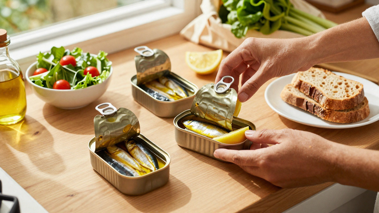 Latas abertas de sardinhas com um limão a ser colocado ao lado, salada, azeite e pão na cozinha.