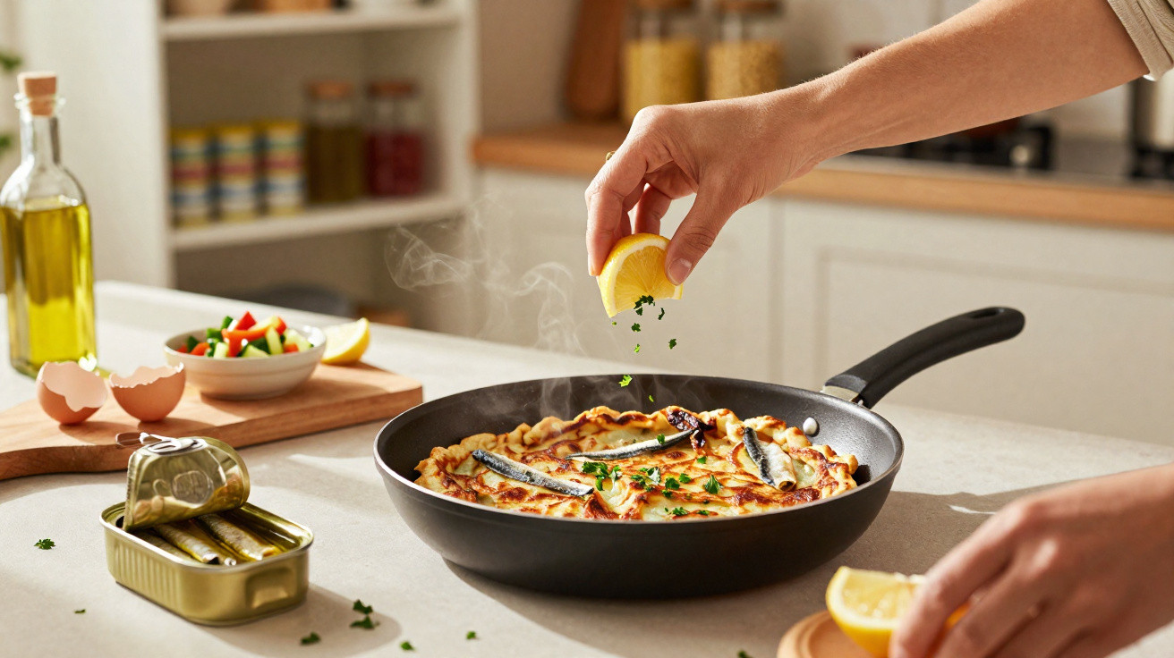 Pessoa a espremer limão sobre omelete com sardinhas numa frigideira numa cozinha moderna.