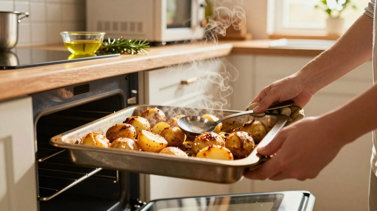 Pessoa a retirar batatas assadas e fumegantes do forno numa cozinha iluminada.