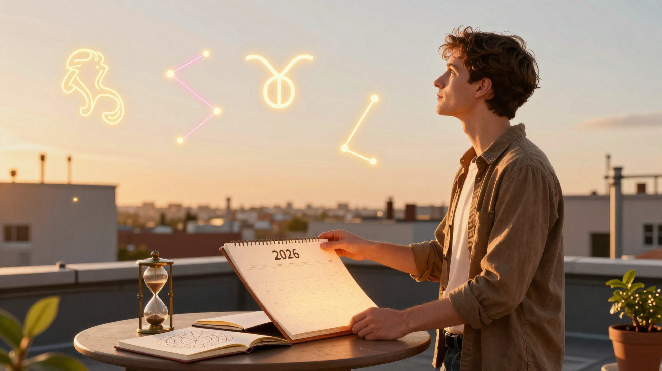 Jovem consulta calendário de 2026 numa mesa ao ar livre ao pôr do sol com constelações brilhantes no céu.