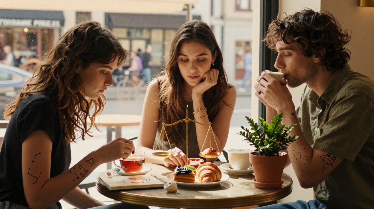 Três jovens sentados numa mesa de café, com chá, café, pastelaria e planta em vaso.
