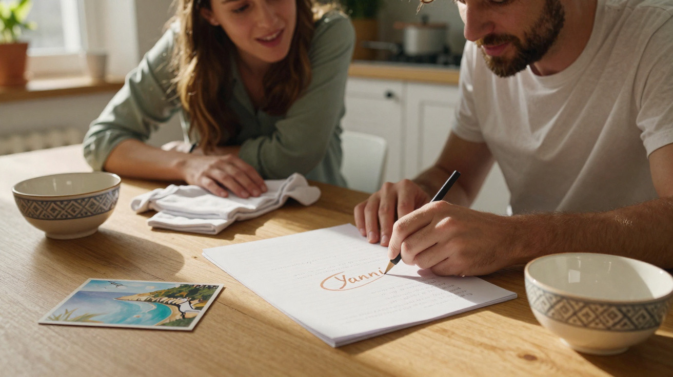 Casal sentado à mesa escrevendo uma carta com nome destacado, com tigelas e postal à sua frente.