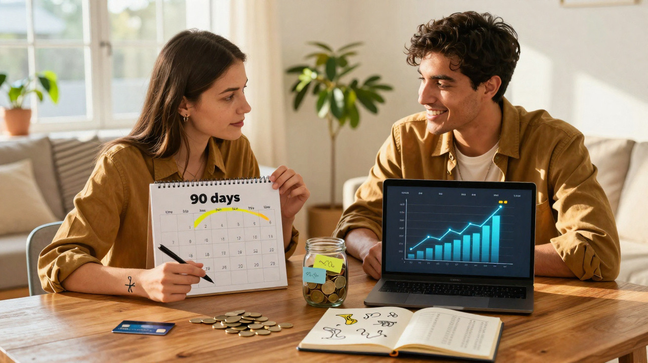 Casal sentado à mesa planeando finanças com calendário, gráfico de crescimento no portátil e moedas sobre a mesa.