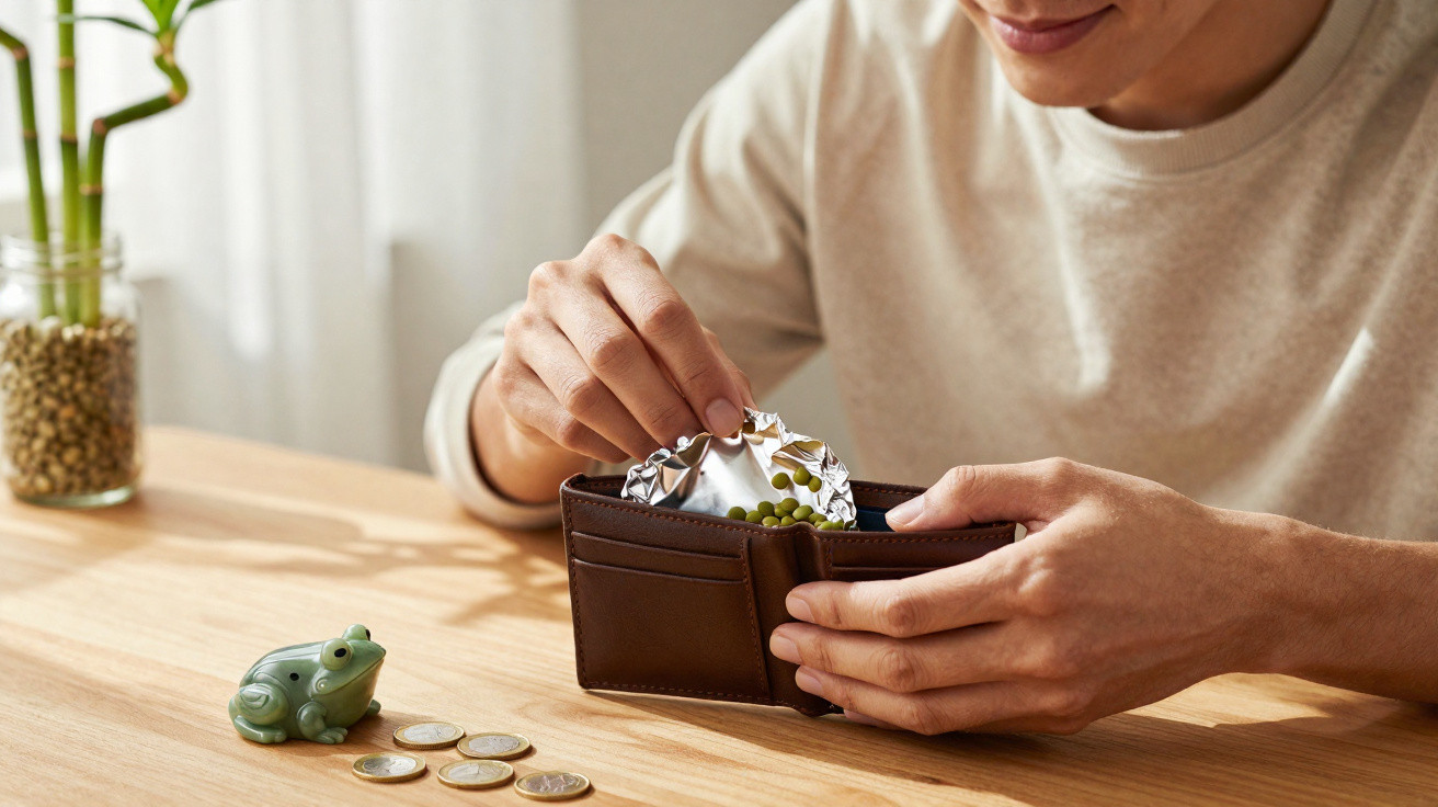 Pessoa abre carteira com pequenas ervilhas dentro, com moedas e uma figura de sapo numa mesa de madeira.