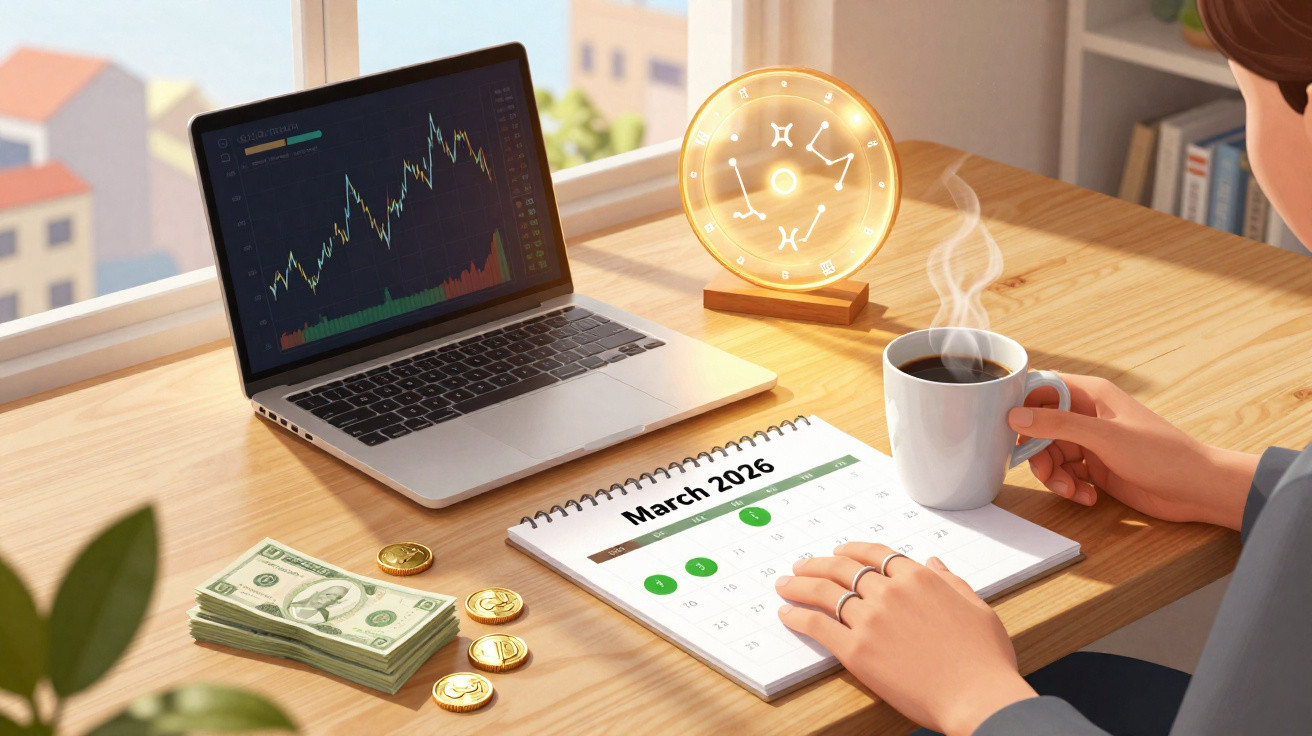 Mesa com computador portátil a mostrar gráfico financeiro, calendário de março 2026, moedas, e pessoa a segurar chávena de ca