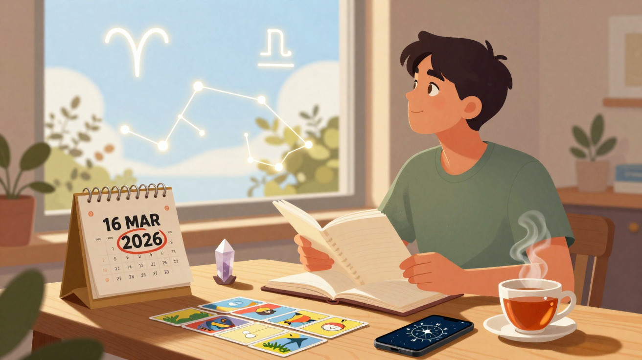 Jovem sentado à mesa a ler, com cartas, calendário, chá e signos astrológicos à janela.