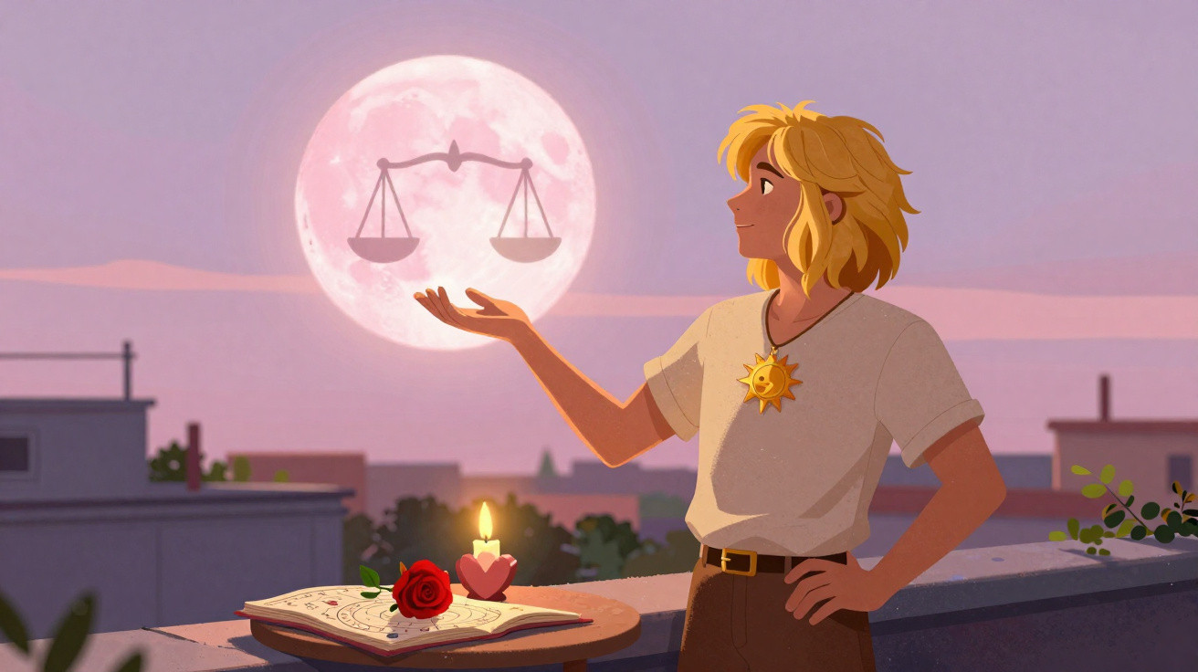 Pessoa com colar de sol observa balança luminosa na lua cheia, ao lado de mesa com vela e rosa num cenário urbano ao entardec