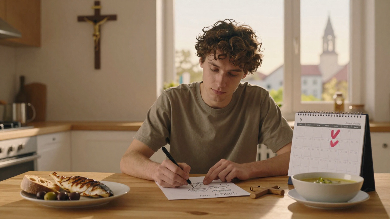 Jovem sentado à mesa da cozinha a desenhar numa folha com comida e calendário com dois dias marcados.