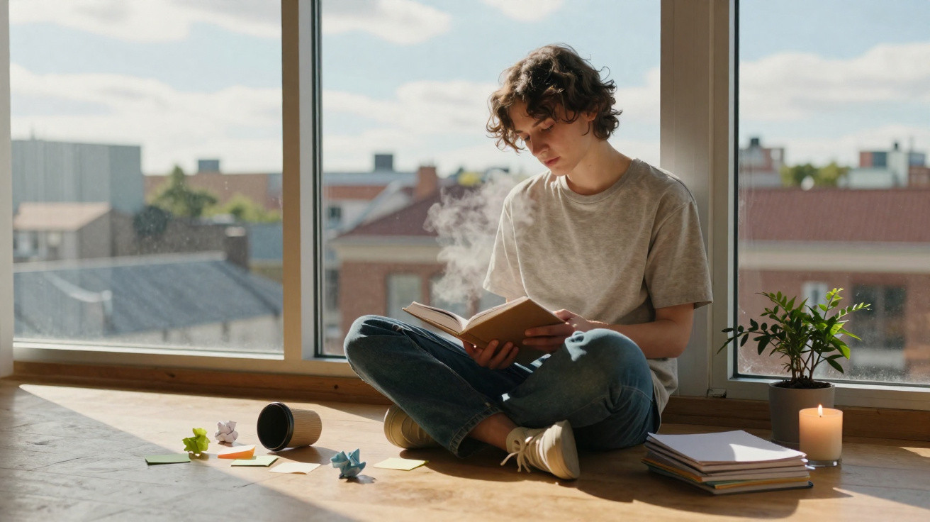 Jovem sentado no chão junto a uma janela grande, a ler um livro, com uma vela acesa e plantas ao lado.