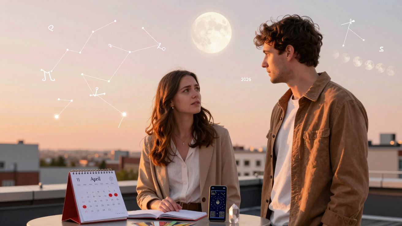 Homem e mulher observam calendários e constelações numa mesa ao ar livre ao pôr do sol.