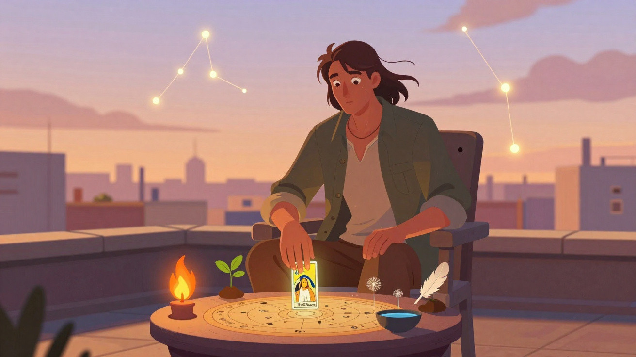 Jovem sentado num terraço à noite, com cartas de tarô, fogo e símbolos místicos numa mesa redonda.