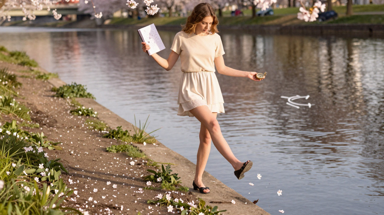 Mulher com vestido branco a repousar à beira de um canal, segurando um livro e lançando flores na água.