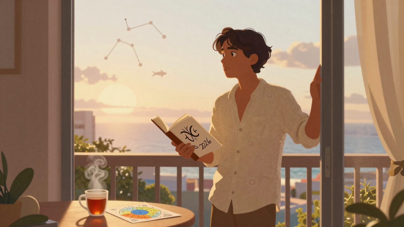 Jovem lê livro de astrologia na varanda ao pôr do sol com chá e mapa astral na mesa.