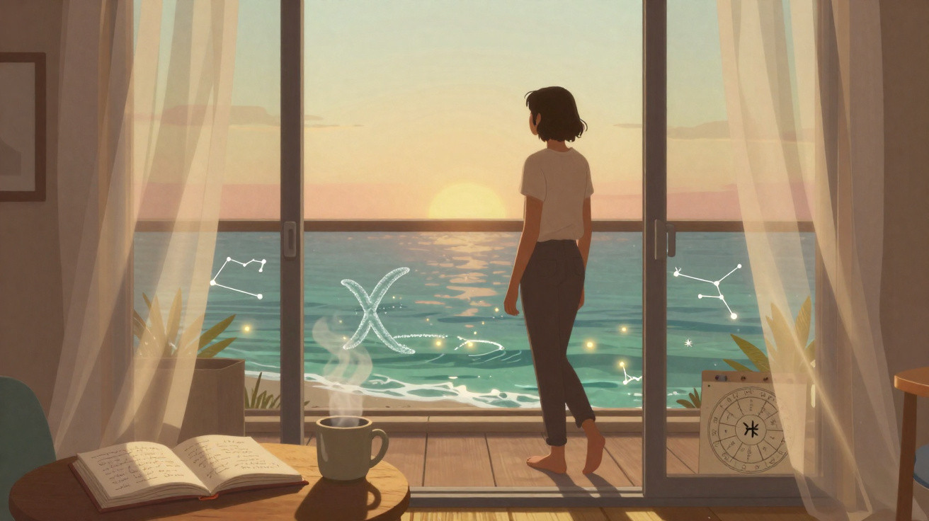 Pessoa a olhar para o mar ao pôr do sol, com constelações e livro aberto numa mesa com chá.