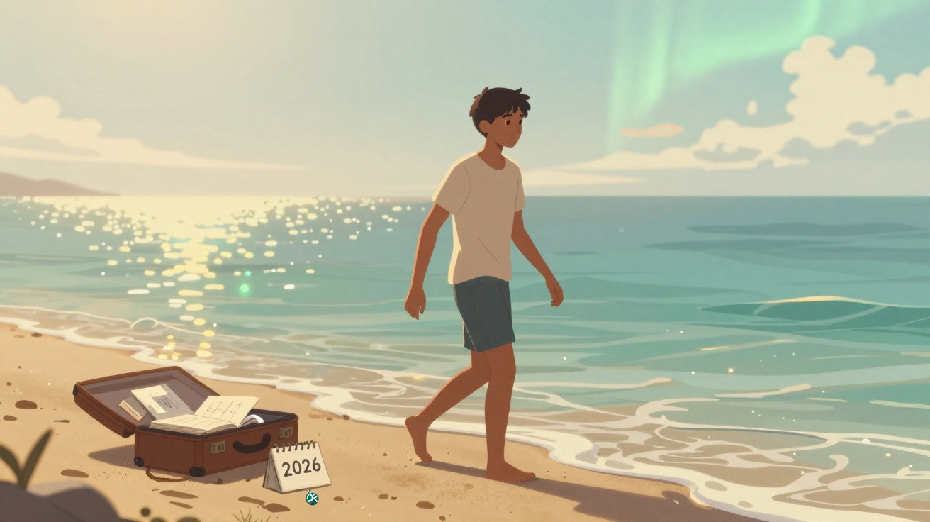 Rapaz a caminhar na praia ao pôr do sol com uma mala aberta e um calendário de 2026 na areia.