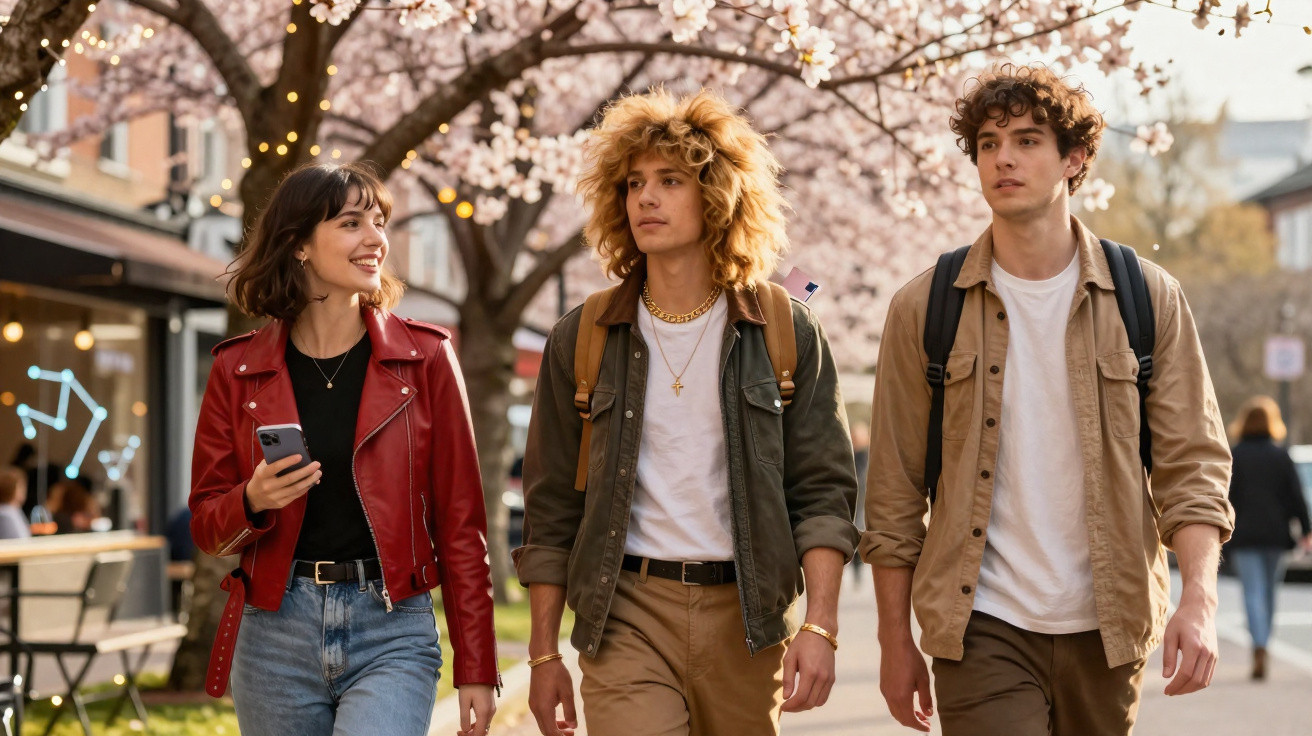 Três jovens a caminhar sob árvores floridas numa rua urbana, dois rapazes e uma rapariga sorridente com telemóvel.