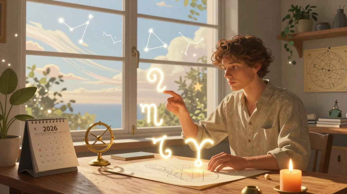 Jovem a estudar astrologia com símbolos zodiacais luminosos num ambiente calmo e iluminado pela vela.