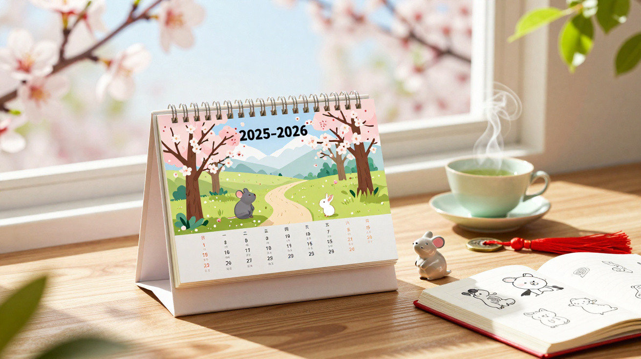 Calendário de mesa 2025-2026 com ilustração de coelhos e árvores de flor de cerejeira, chá quente e caderno de desenhos.