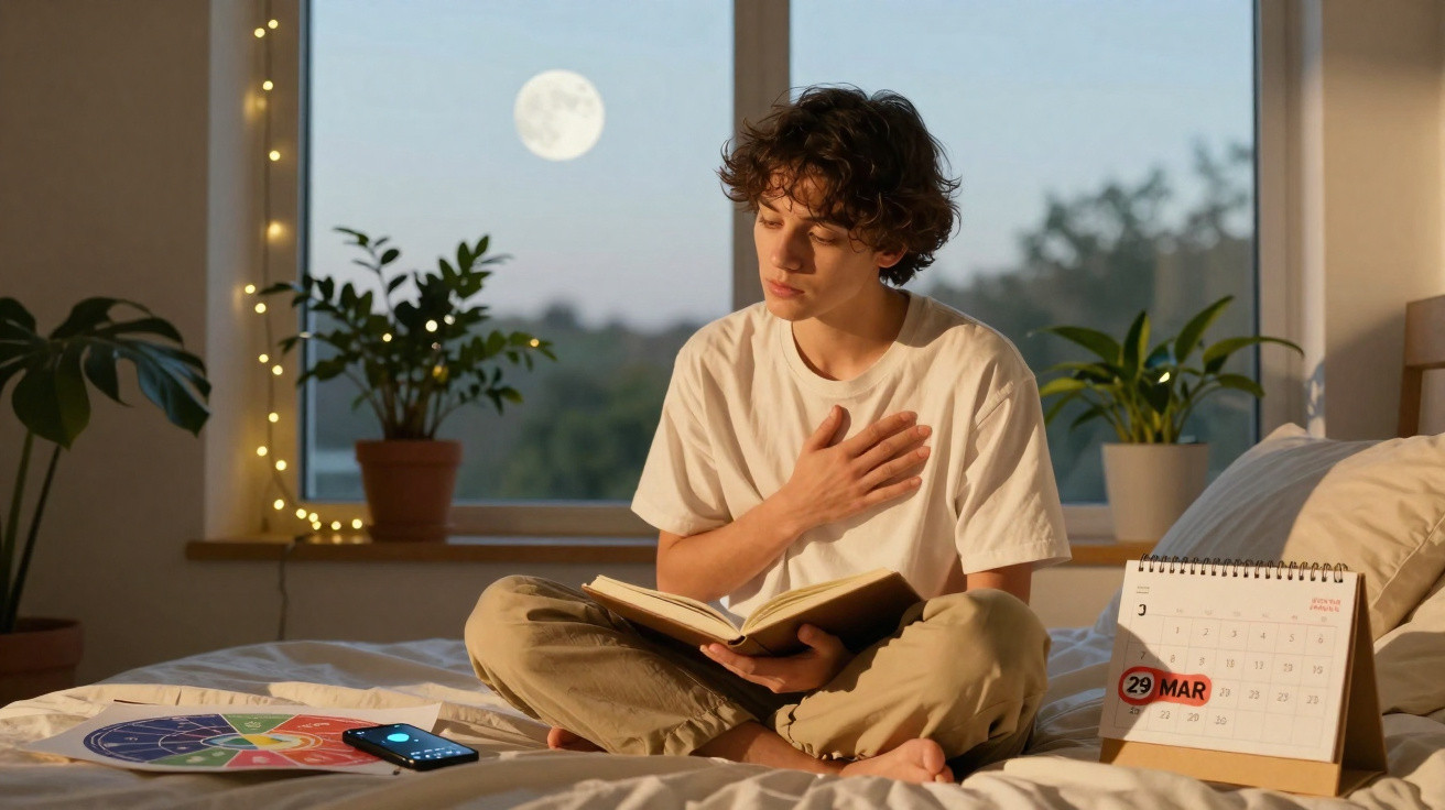 Jovem sentado na cama a ler livro, com uma mão no peito, janela com lua cheia, plantas e calendário em 29 de março.