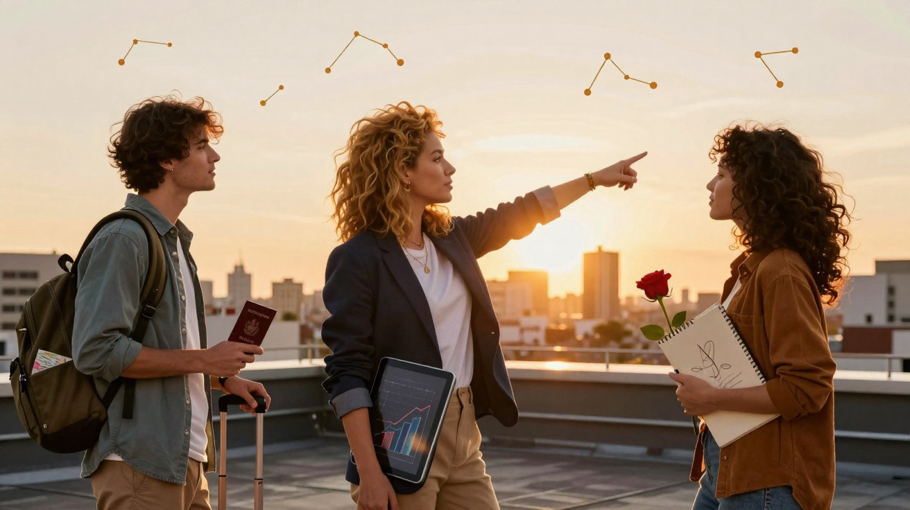 Três jovens discutem constelações numa cobertura ao pôr do sol, com livros, tablet e passaporte.