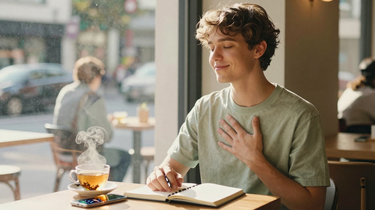 Jovem sentado à mesa com um diário aberto, mão no peito e chá quente fumegante numa chávena à frente.