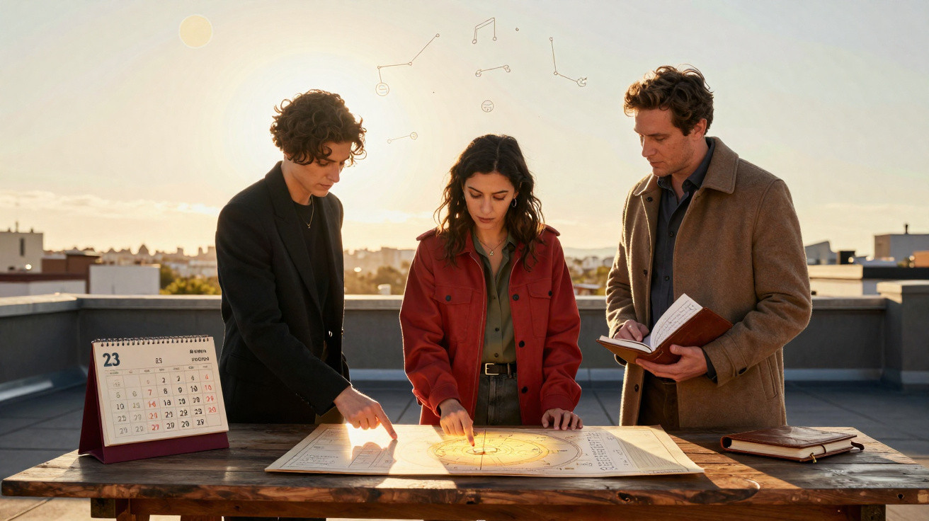 Três pessoas observam um mapa astral numa mesa ao ar livre ao entardecer, com um calendário de novembro ao lado.