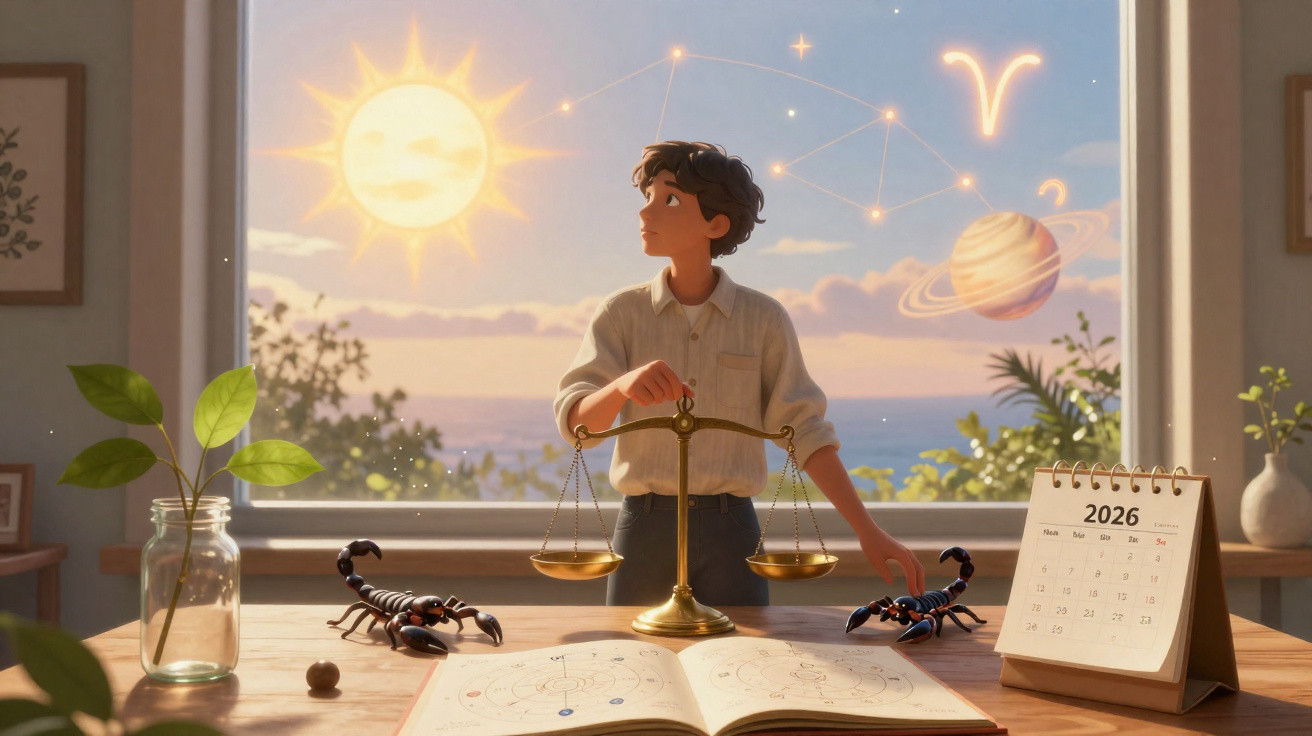 Pessoa jovem em ambiente interior com balança, escorpiões, calendário de 2026 e símbolos astronómicos ao fundo.