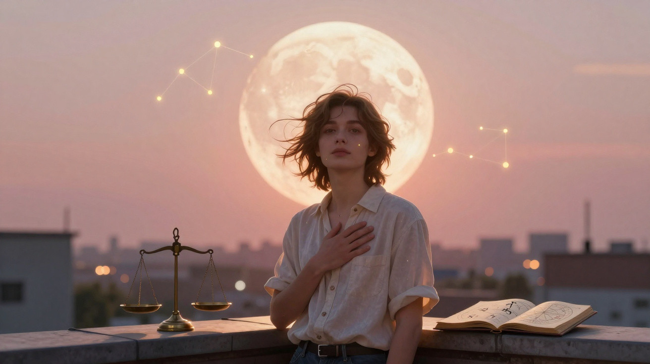 Mulher com blusa branca, mão no peito, ao pôr do sol, com lua cheia e balança de julgamento ao fundo.