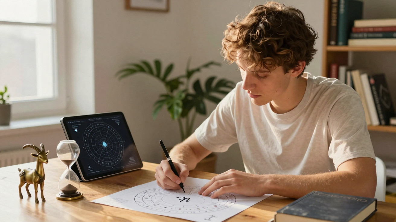 Jovem a desenhar símbolo do zodíaco numa folha, com tablet, ampulheta e livros numa mesa de madeira.