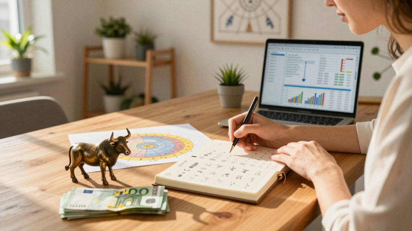 Pessoa a escrever num caderno com símbolos do zodíaco, computador, notas e figura de touro numa mesa de madeira.