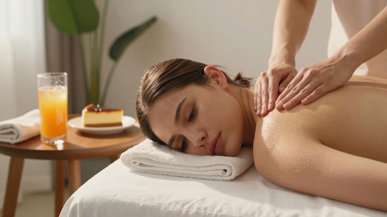 Mulher a receber massagem nas costas deitada numa cama de massagem com toalha e bebida ao lado.