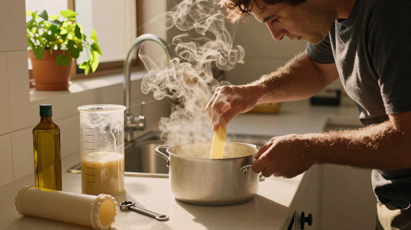 Homem cozinha em panela com vapor, ao lado de garrafa de azeite e copo medidor na cozinha iluminada.