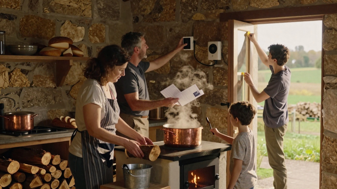 Família num ambiente rústico prepara comida no fogão a lenha com janela aberta para o campo verde.